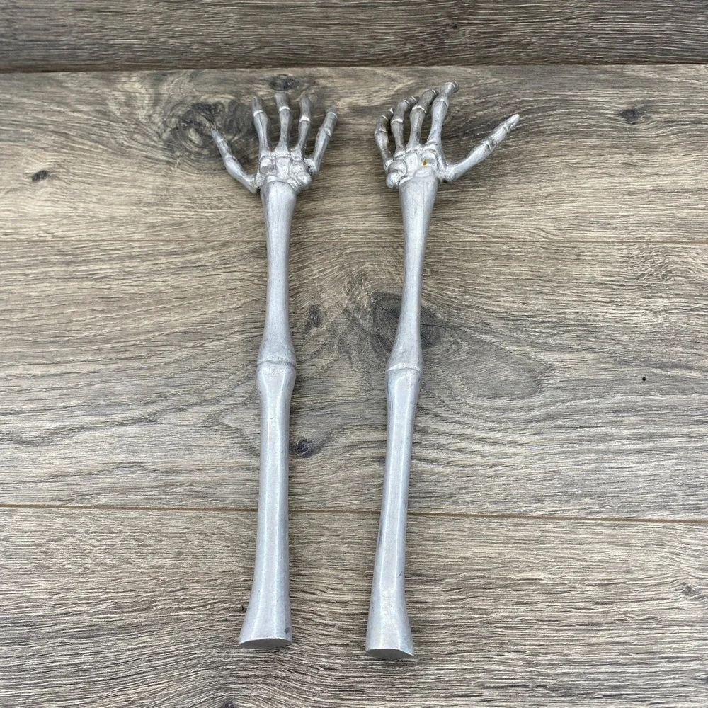 Silver Metal Skeleton Hand Salad Servers Gothic Halloween Decor 13‎ Inch Pair